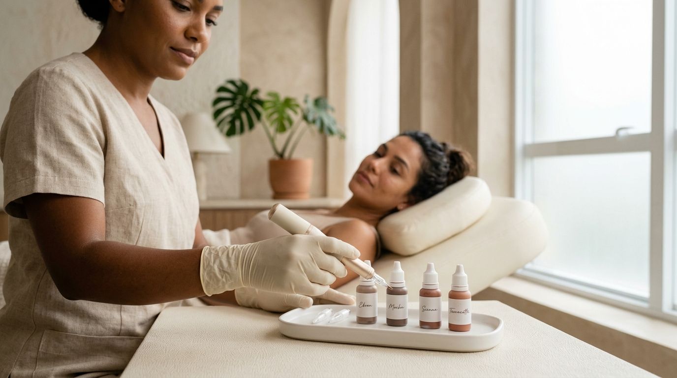 Equipamento de micropigmentação labial e pigmentos em ambiente clínico higienizado em Bauru.