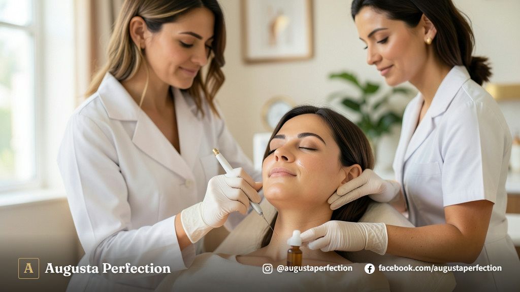 Profissional de estética preparando produtos para tratamento facial em ambiente clínico moderno e acolhedor.