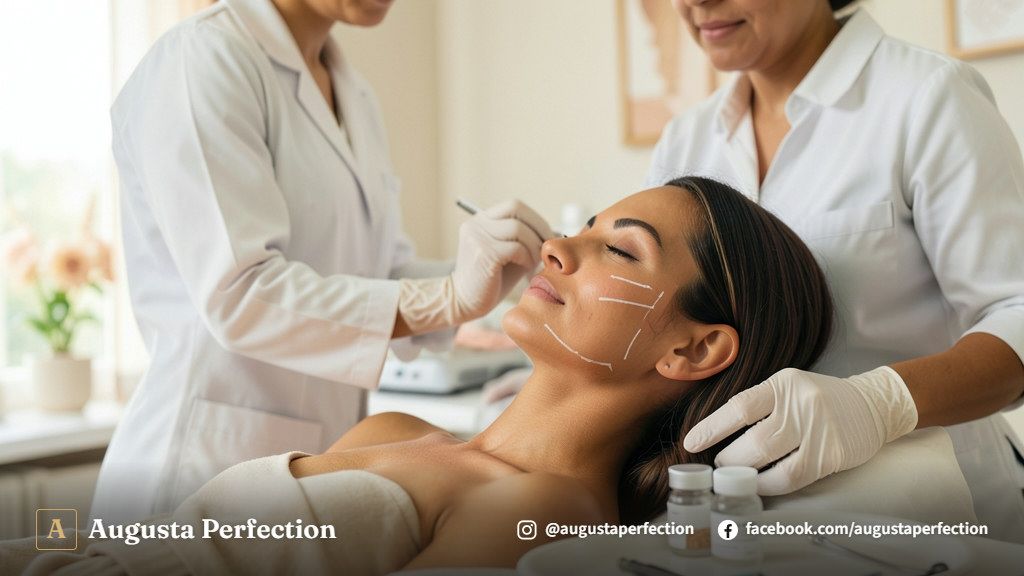 Mãos de profissional capacitado preparando procedimento de bioestimulador de colágeno em ambiente clínico moderno.