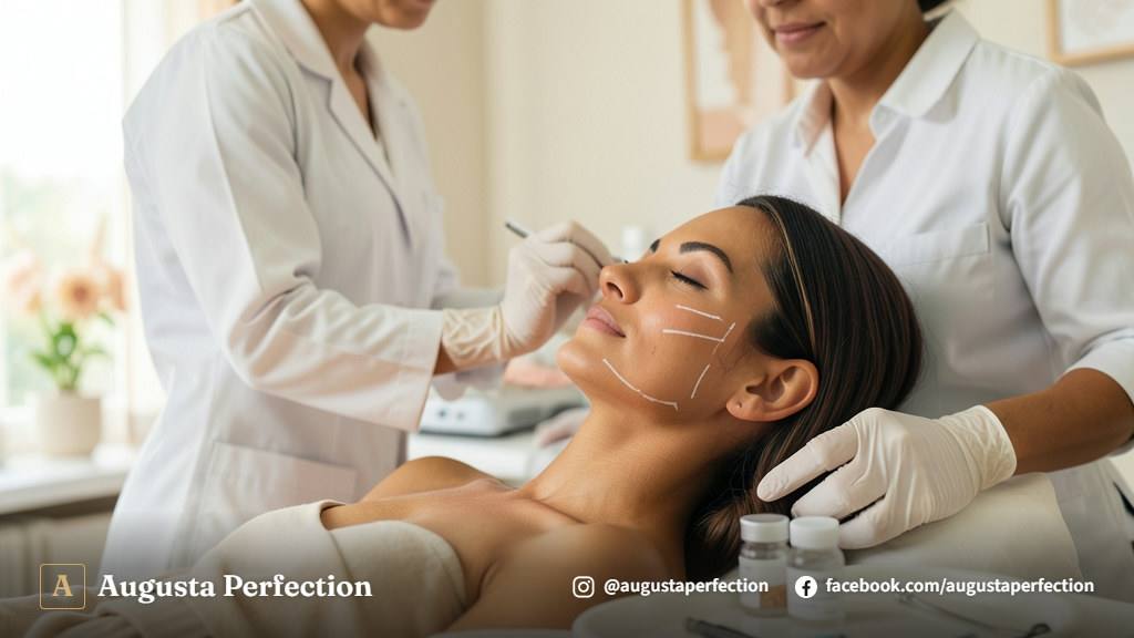 Mãos de profissional capacitado preparando procedimento de bioestimulador de colágeno em ambiente clínico moderno.