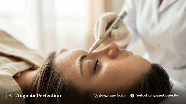 Especialista realizando avaliação cuidadosa da região dos olhos em uma clínica de estética avançada.