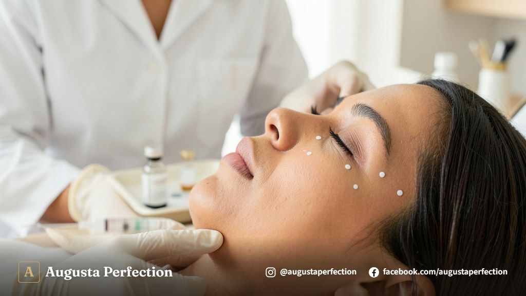 Especialista em estética em consultório orientando paciente sobre a segurança e as contraindicações do procedimento.