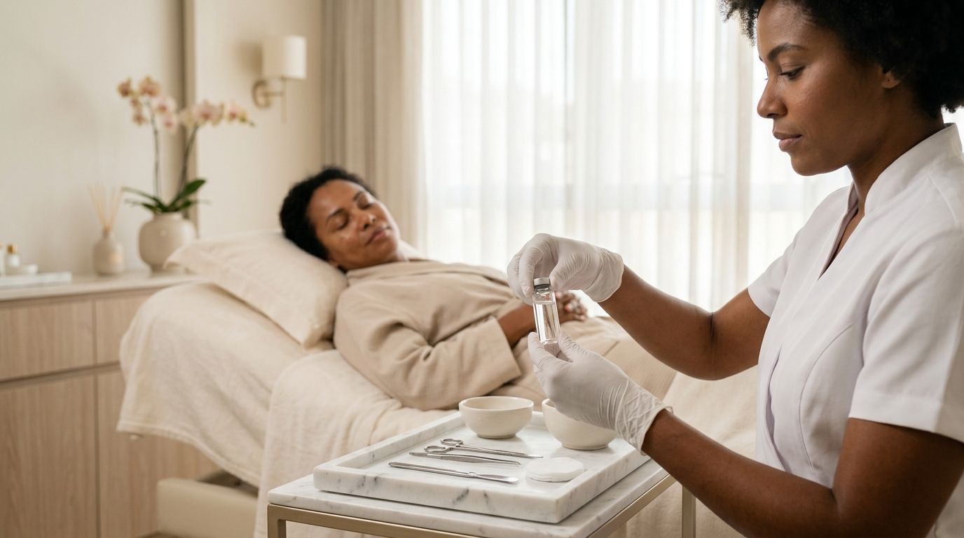 Frasco de toxina botulínica sobre bandeja em clínica de estética avançada em Campinas.