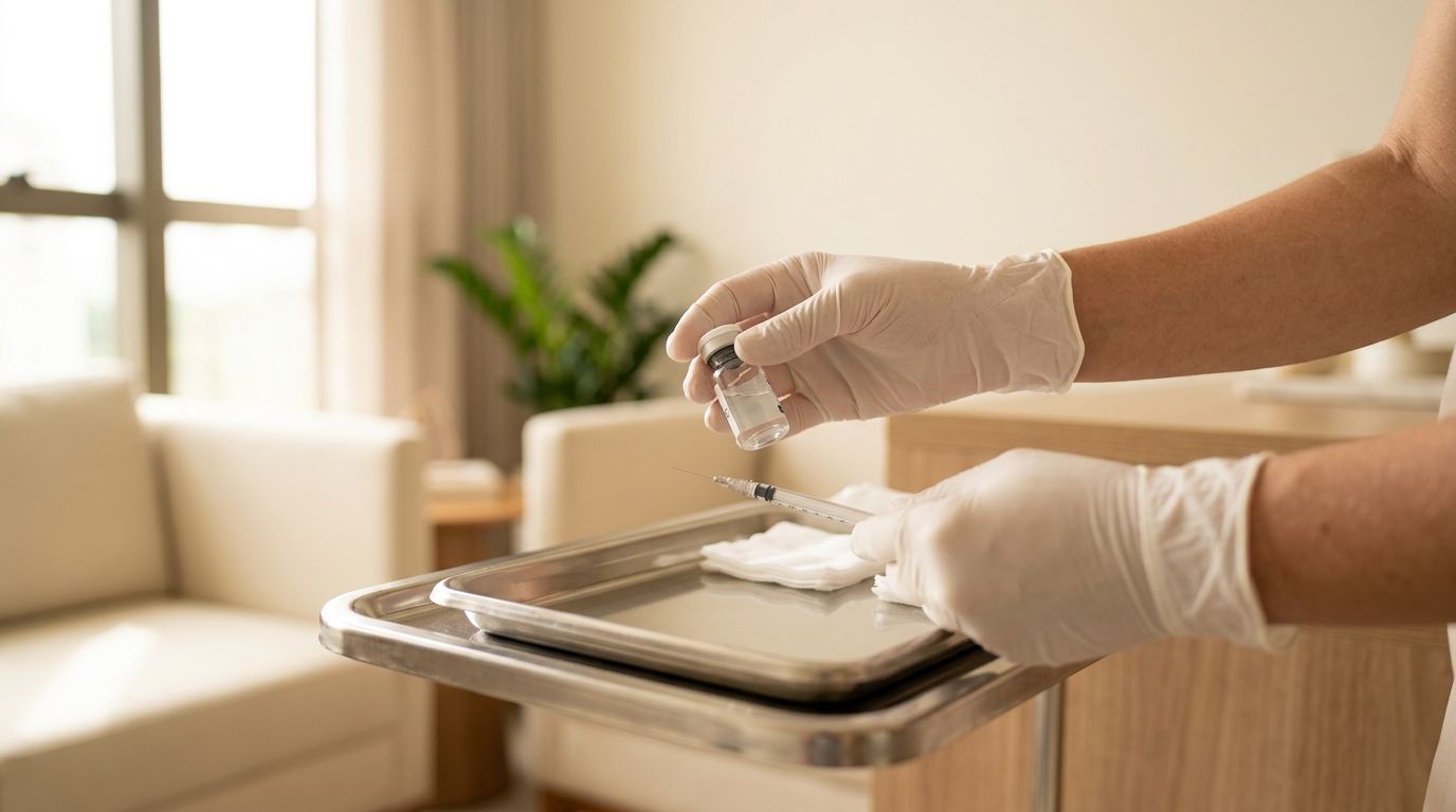 Frasco de toxina botulínica e seringa sobre bandeja cirúrgica em ambiente de clínica médica sofisticado.