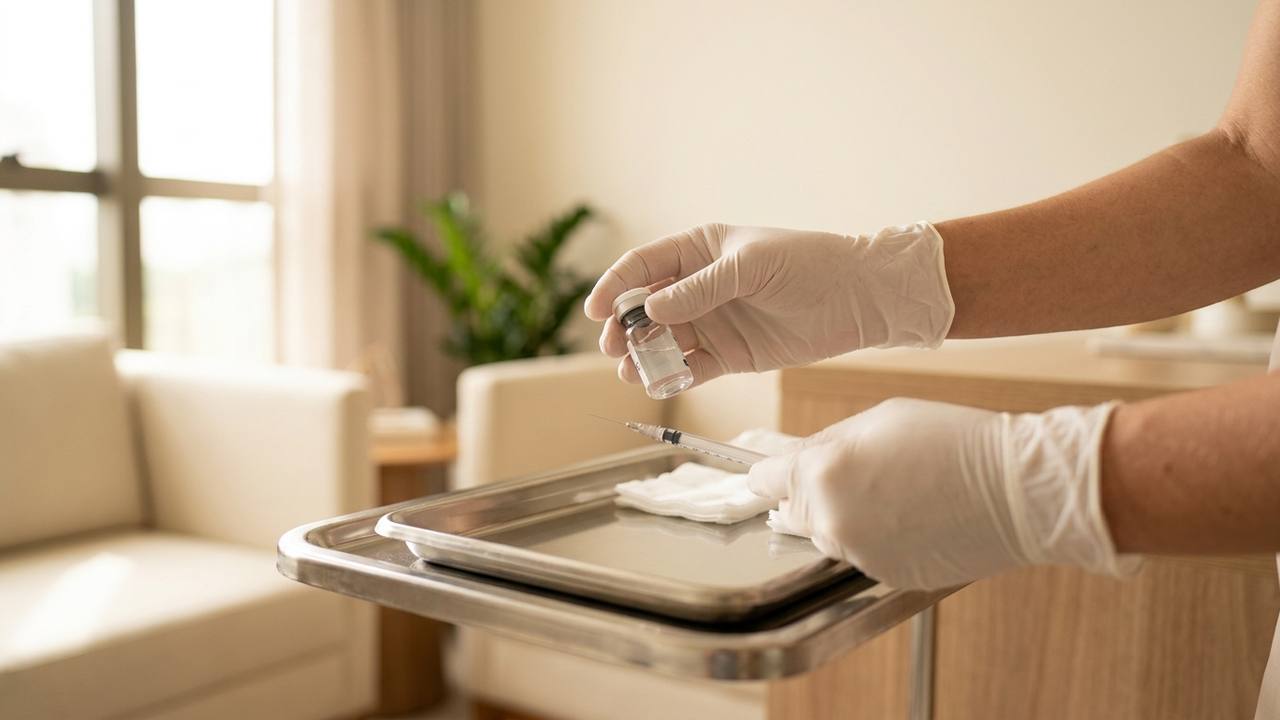Frasco de toxina botulínica e seringa sobre bandeja cirúrgica em ambiente de clínica médica sofisticado.