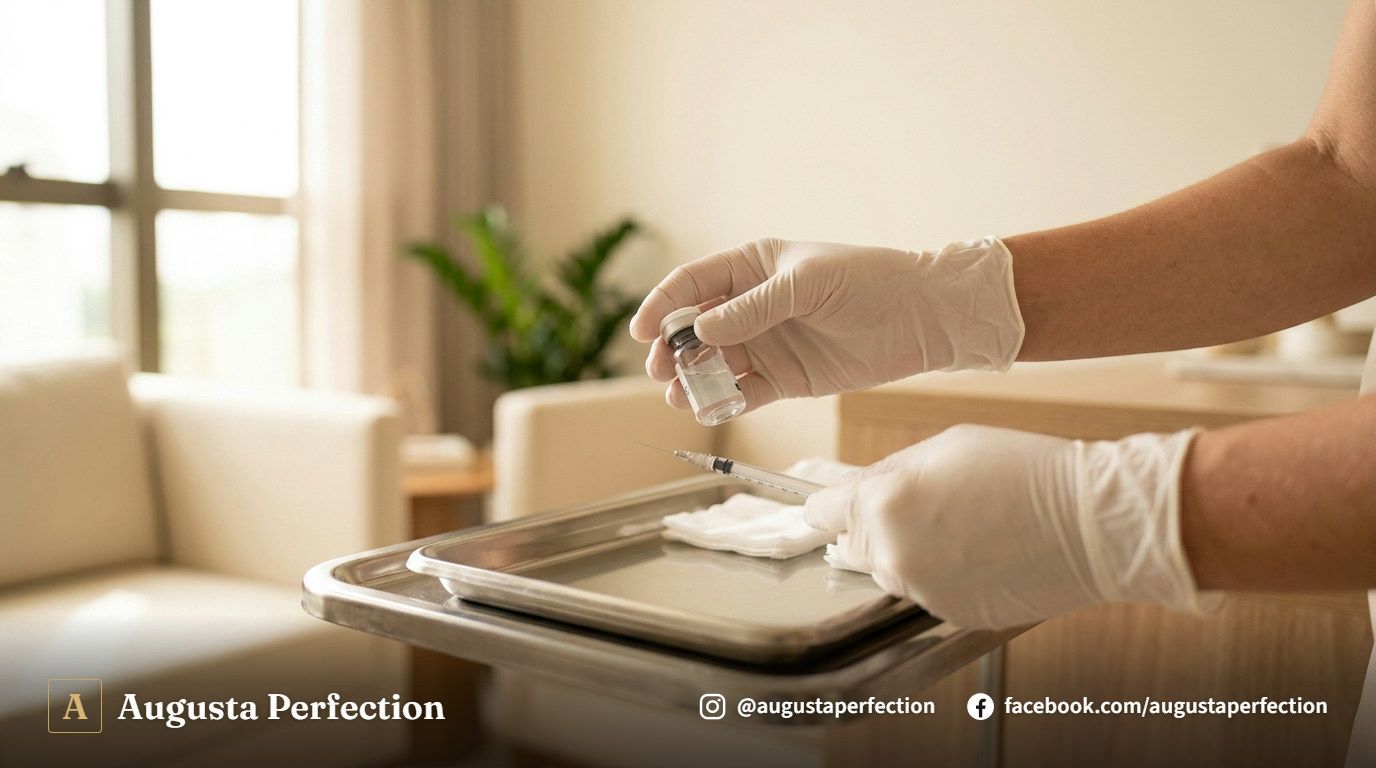 Frasco de toxina botulínica e seringa sobre bandeja cirúrgica em ambiente de clínica médica sofisticado.