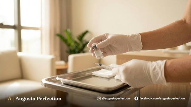 Frasco de toxina botulínica e seringa sobre bandeja cirúrgica em ambiente de clínica médica sofisticado.