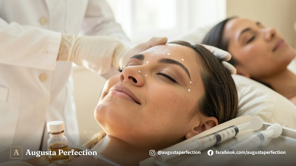 Profissional de estética segurando seringa delicada em ambiente de clínica iluminado e acolhedor.