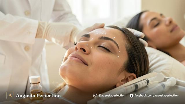 Profissional de estética segurando seringa delicada em ambiente de clínica iluminado e acolhedor.