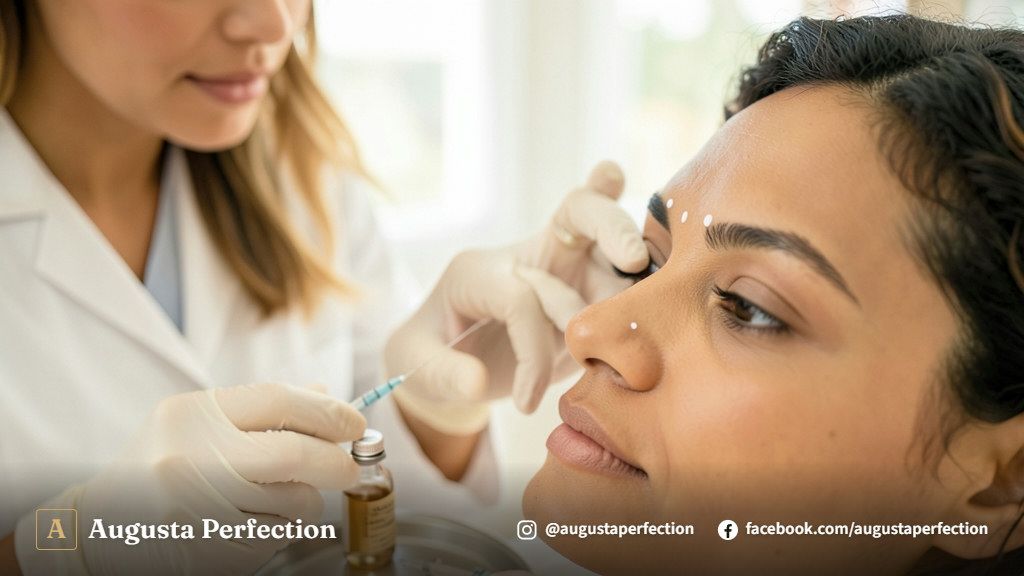 Profissional de estética preparando aplicação de toxina botulínica em consultório premium e bem iluminado.