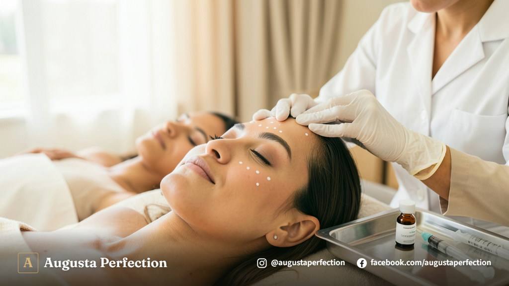 Profissional de estética com luvas segurando ampola de toxina botulínica em ambiente clínico moderno.