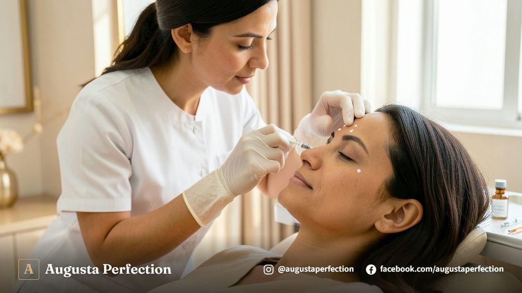 Seringa e frasco de toxina botulínica em um ambiente de clínica estética profissional e sofisticado.