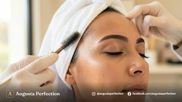Especialista preparando materiais para procedimento de laminação de sobrancelhas em ambiente clínico elegante.