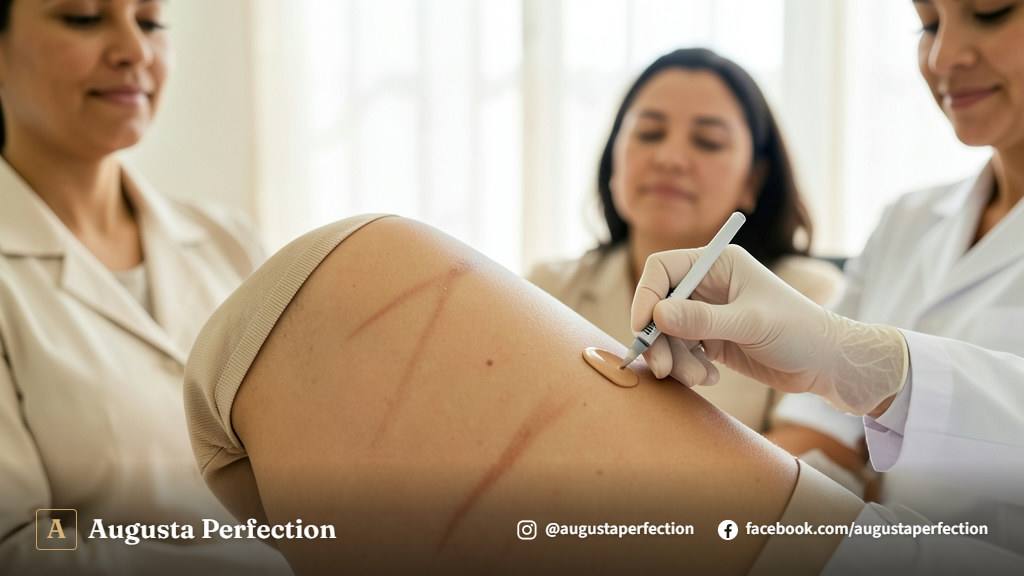 Especialista em estética preparando pigmentos para procedimento de camuflagem de estrias em Jaú.