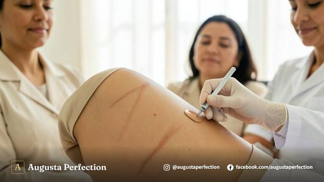 Especialista em estética preparando pigmentos para procedimento de camuflagem de estrias em Jaú.