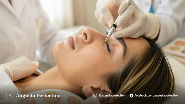 Especialista em estética realizando avaliação cuidadosa da região das olheiras em paciente dentro de consultório moderno.