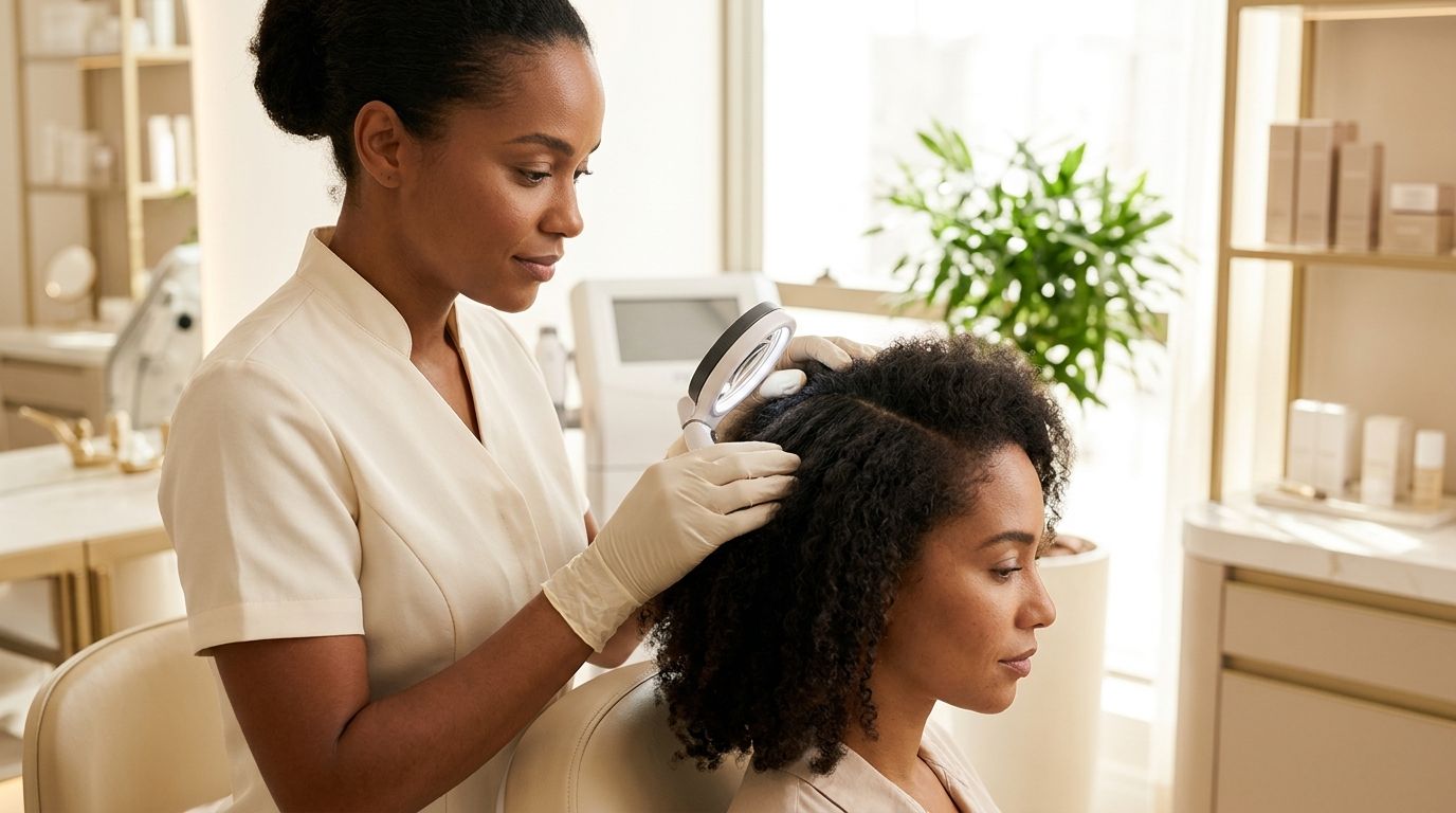Especialista em estética avaliando cuidadosamente o couro cabeludo de um paciente em consultório moderno.
