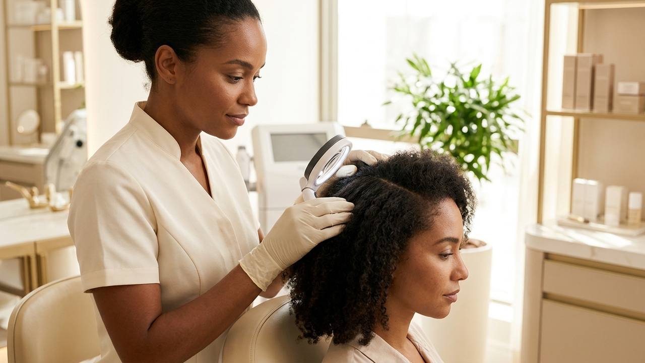 Especialista em estética avaliando cuidadosamente o couro cabeludo de um paciente em consultório moderno.