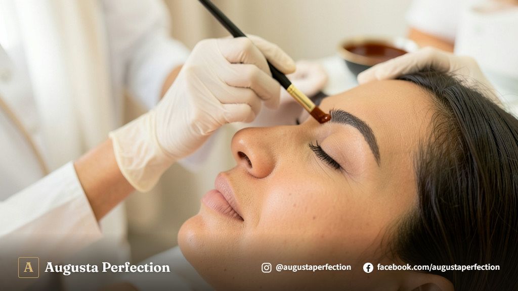 Especialista em estética realizando medição de visagismo nas sobrancelhas de uma paciente em ambiente de clínica.