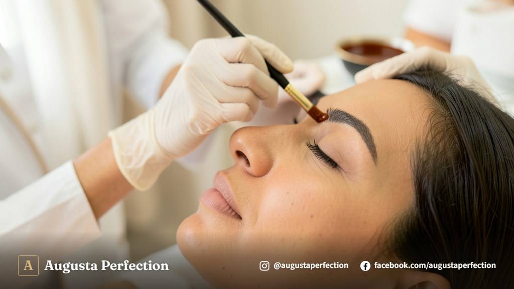 Especialista em estética realizando medição de visagismo nas sobrancelhas de uma paciente em ambiente de clínica.