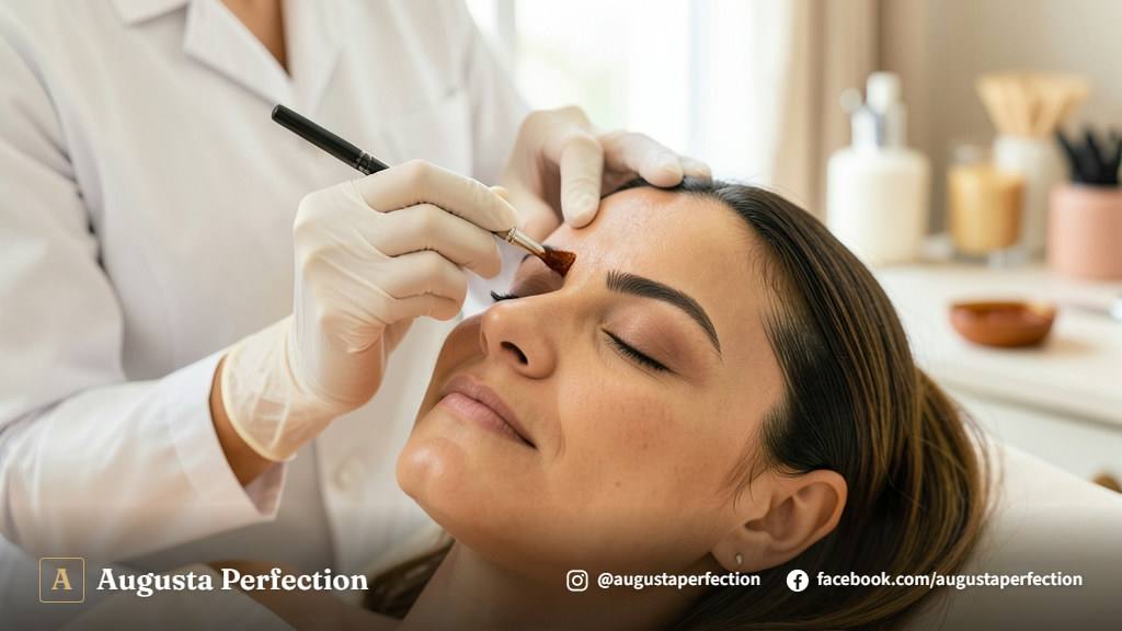 Profissional realizando medição e design de sobrancelhas com paquímetro em ambiente de clínica estética em Jaú.