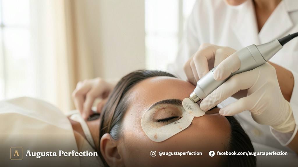 Profissional de estética avançada segurando equipamento de despigmentação a laser em ambiente clínico moderno.