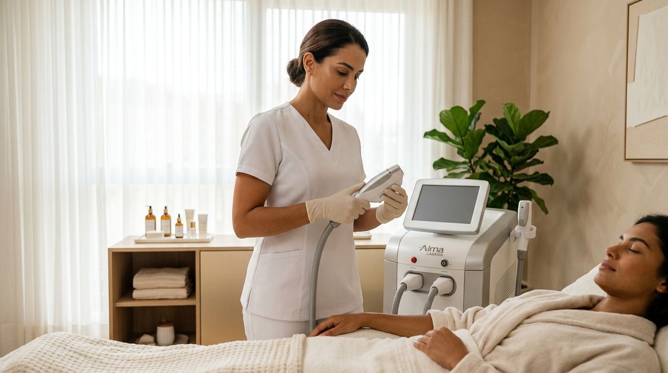 Aparelho moderno de despigmentação a laser em consultório de estética avançada em Jundiaí.