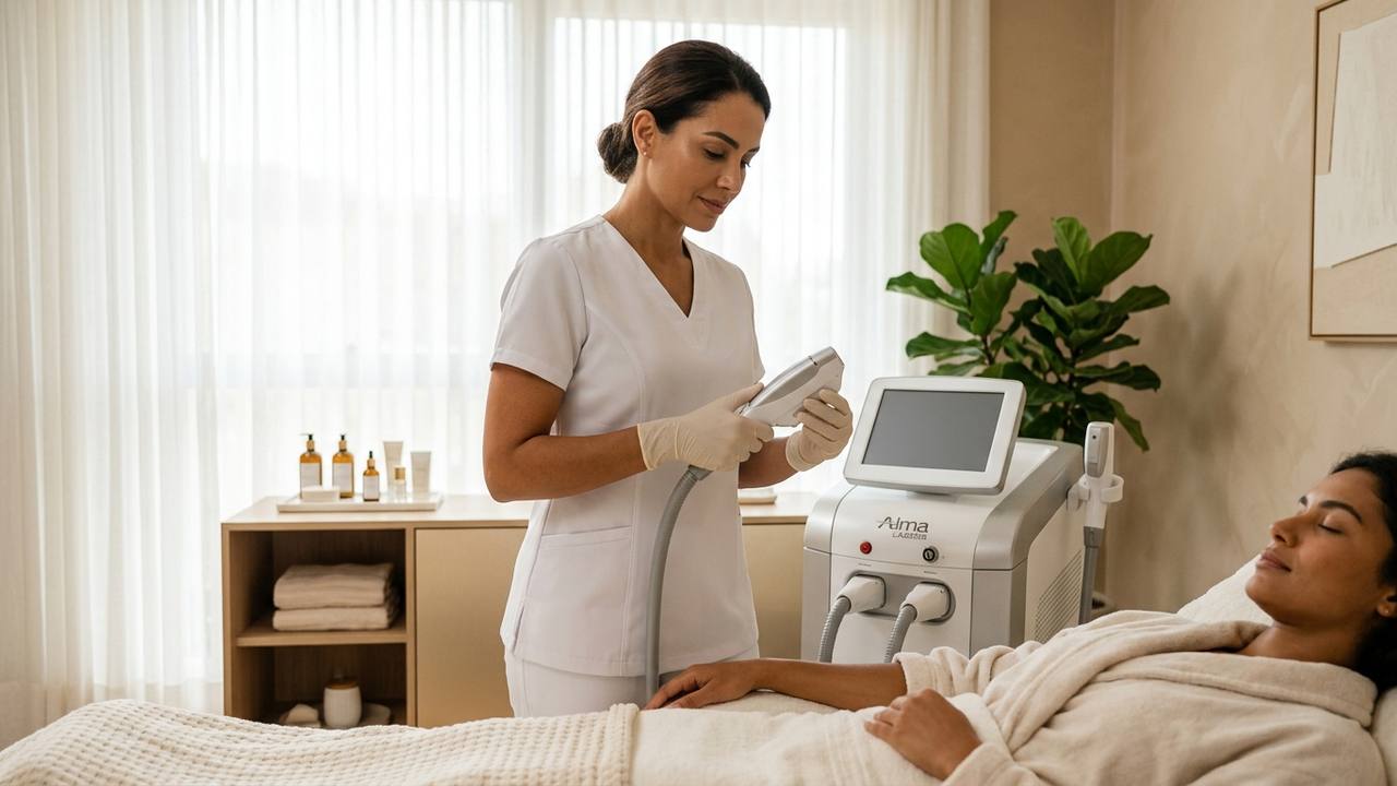 Aparelho moderno de despigmentação a laser em consultório de estética avançada em Jundiaí.