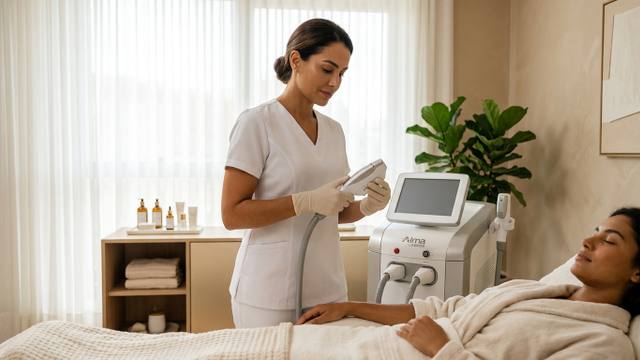 Aparelho moderno de despigmentação a laser em consultório de estética avançada em Jundiaí.