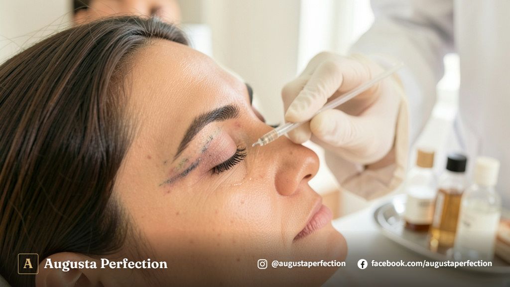 Profissional de estética preparando produtos para sessão de despigmentação química em consultório moderno.