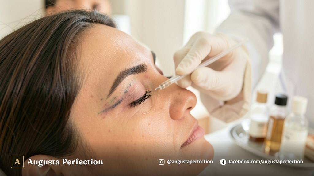 Profissional de estética preparando produtos para sessão de despigmentação química em consultório moderno.