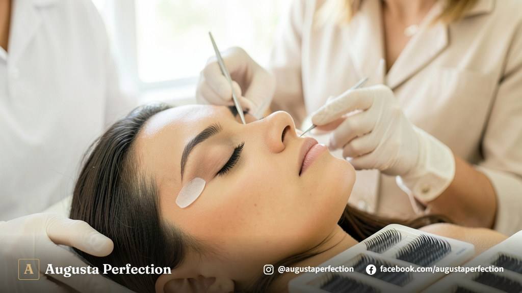 Especialista em estética preparando materiais esterilizados para procedimento de extensão de cílios em ambiente clínico.