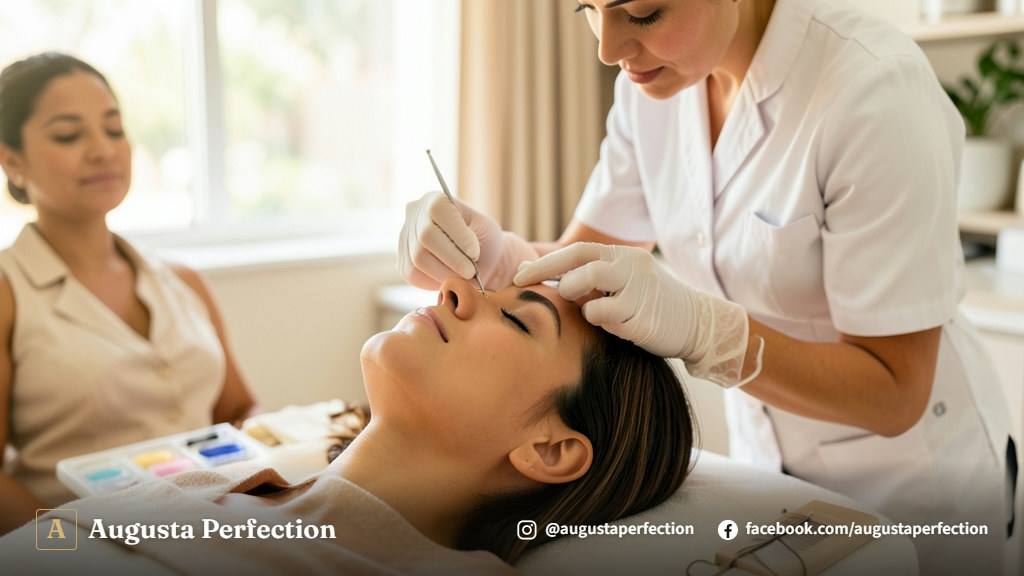 Especialista aplicando extensão de cílios com pinças de precisão em uma clínica de estética moderna.