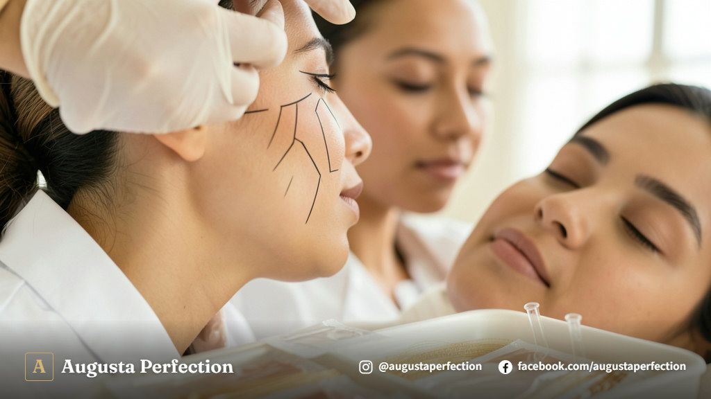 Profissional de estética em consultório moderno preparando procedimento de fios de PDO com equipamentos estéreis.
