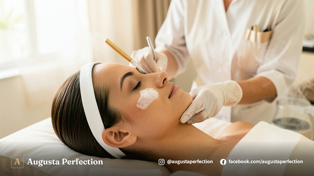 Ambiente de clínica de estética em Campinas com produtos dermatológicos para limpeza de pele profunda.