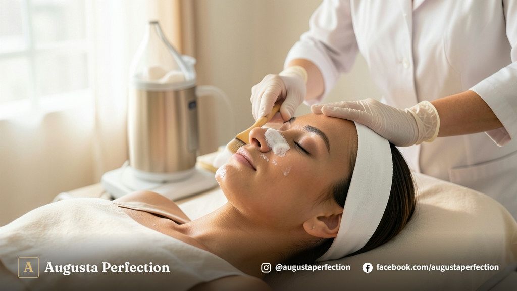 Profissional de estética preparando instrumentos esterilizados e produtos Anvisa para limpeza de pele profissional.