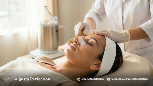 Profissional de estética preparando instrumentos esterilizados e produtos Anvisa para limpeza de pele profissional.