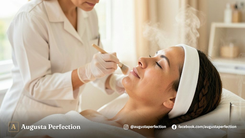Profissional de estética preparando produtos para higienização facial em ambiente de clínica limpo e moderno