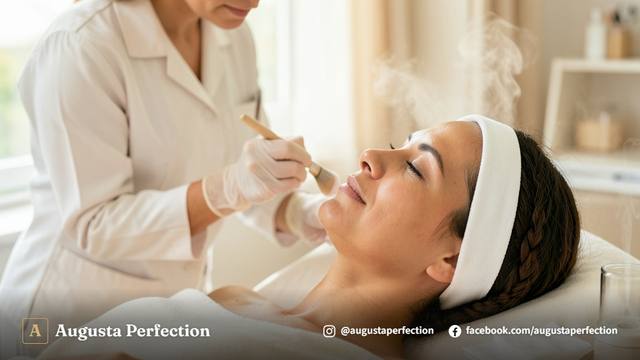 Profissional de estética preparando produtos para higienização facial em ambiente de clínica limpo e moderno