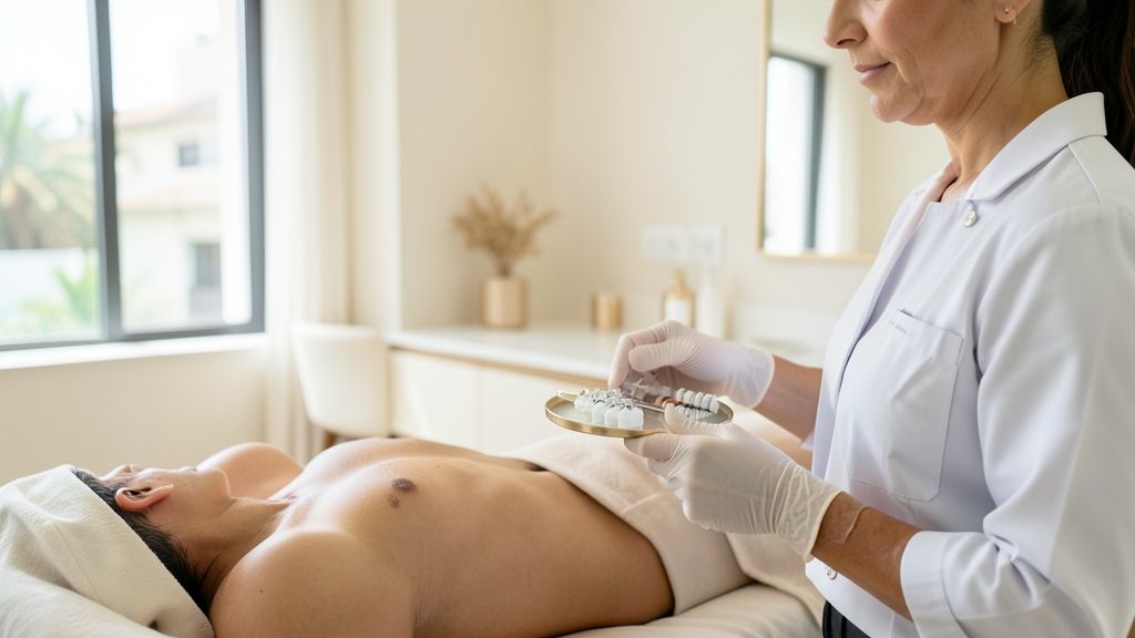 Profissional de estética preparando ampolas e materiais estéreis para tratamento corporal em clínica moderna.