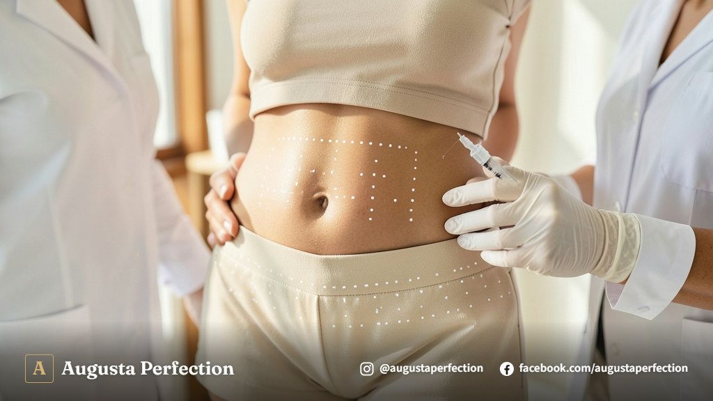 Mãos com luvas profissionais preparando ampolas de enzimas em ambiente limpo de clínica estética.