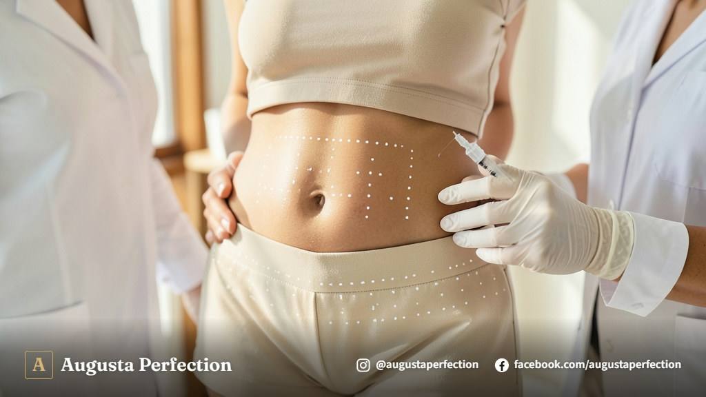 Mãos com luvas profissionais preparando ampolas de enzimas em ambiente limpo de clínica estética.