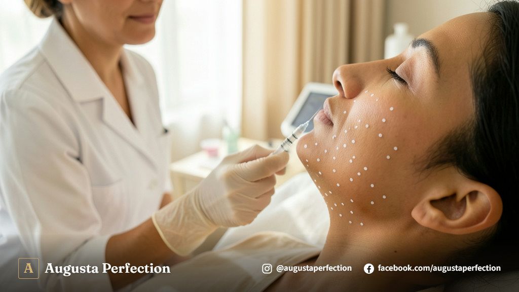 Seringa estéril e produtos de estética avançada para tratamento de papada em ambiente clínico elegante.