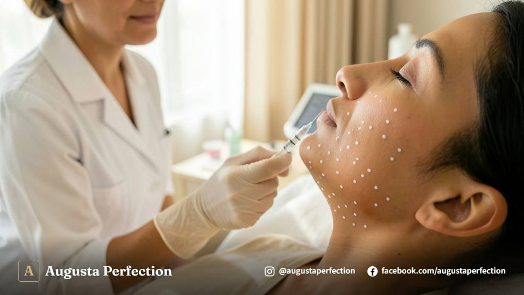 Seringa estéril e produtos de estética avançada para tratamento de papada em ambiente clínico elegante.