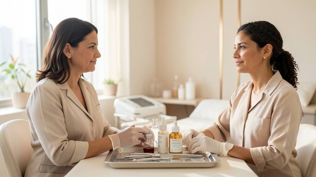 Profissional de estética preparando produtos para tratamento de contorno facial em clínica aconchegante.