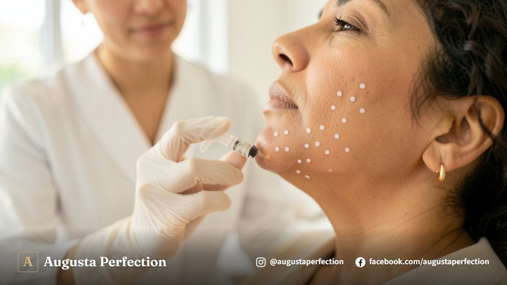 Profissional de estética avançada preparando aplicação de lipo de papada enzimática em ambiente clínico de luxo.