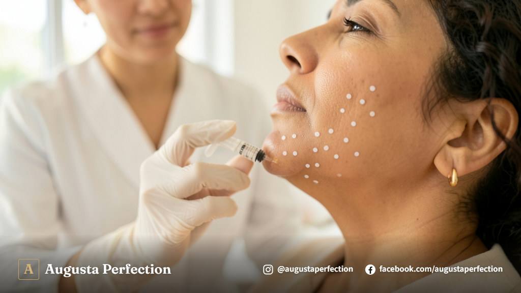Profissional de estética avançada preparando aplicação de lipo de papada enzimática em ambiente clínico de luxo.