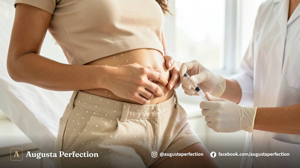 Profissional de estética em consultório elegante realizando planejamento de sessões de lipo corporal enzimática.