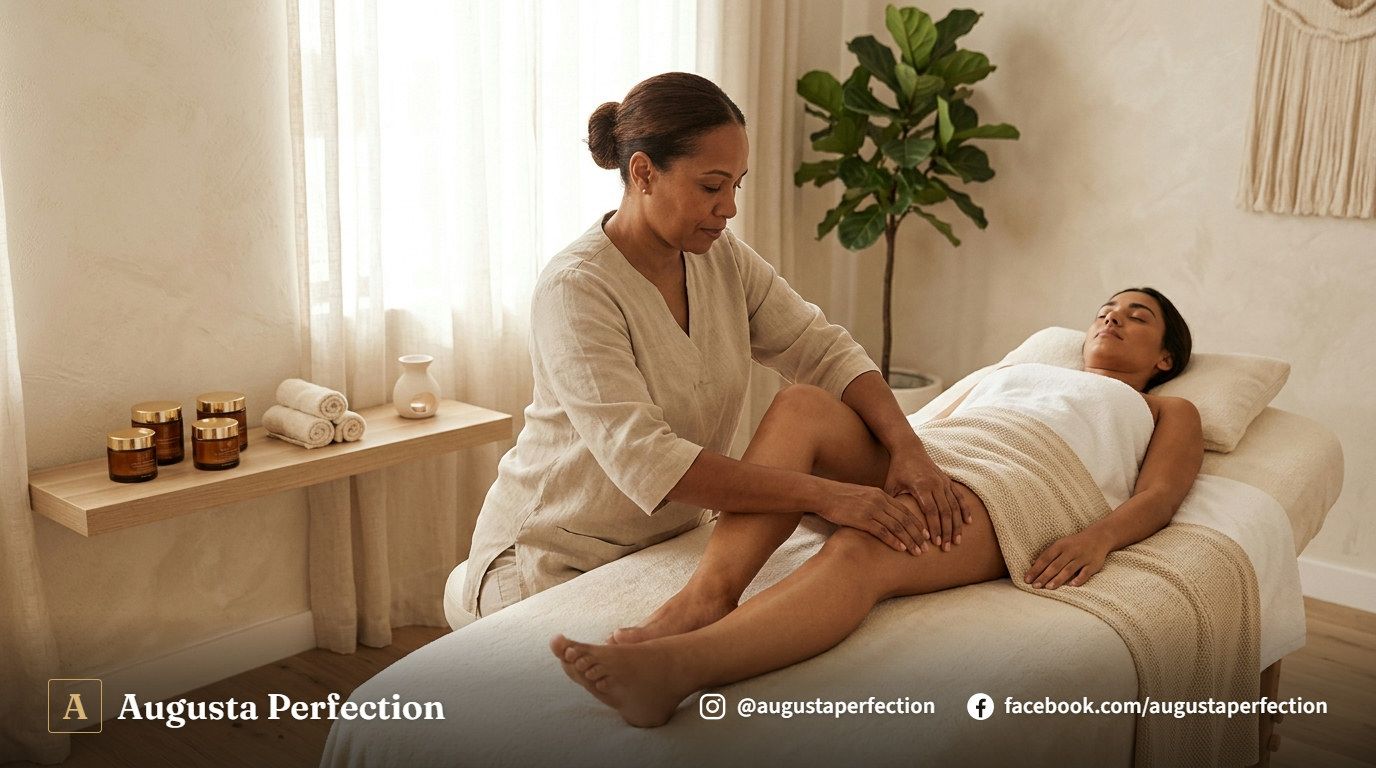Profissional realizando massagem modeladora corporal em uma clínica de estética em Jundiaí com ambiente acolhedor.