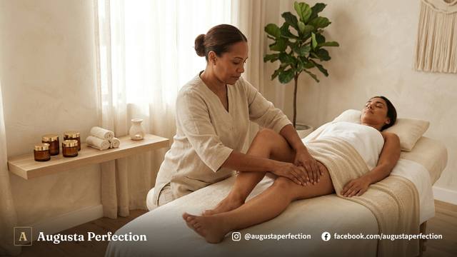 Profissional realizando massagem modeladora corporal em uma clínica de estética em Jundiaí com ambiente acolhedor.